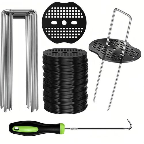 Jum-Kit De Sardines De Fixation Avec 45 U-Piquets De Terre,45 Rondelles Et 1 Extracteur | Pour Tente Camping,Toile De Paillage,Bâche De Jardin,Geotextile,Gazon Artificiel | Agrafe De Ancrage Grillage