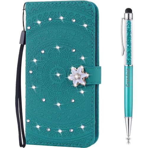 Coque Pour Nokia 3.1, [Srie Mandala] Brillant Cristal Diamant Bookstyle Flip Cover Tui De Protection Housse En Pu Cuir Avec Tpu Silicone Souple Phone Case (Cyan)