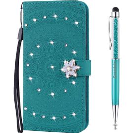 Coque Pour Huawei Honor 8x, [Srie Mandala] Brillant Cristal Diamant Bookstyle Flip Cover Tui De Protection Housse En Pu Cuir Avec Tpu Silicone Souple Phone Case (Cyan)