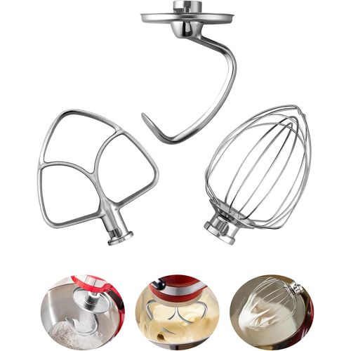 ASFASFq-3 Accessoires de Mélangeur pour Batteur sur Socle KitchenAid 4.5-5 QT - Accessoires de Mélangeur Kitchenaid en Acier Inoxydable Inclus Fouet K45WW, Crochet Pétrisseur K45DH, Batteur Plat K45B