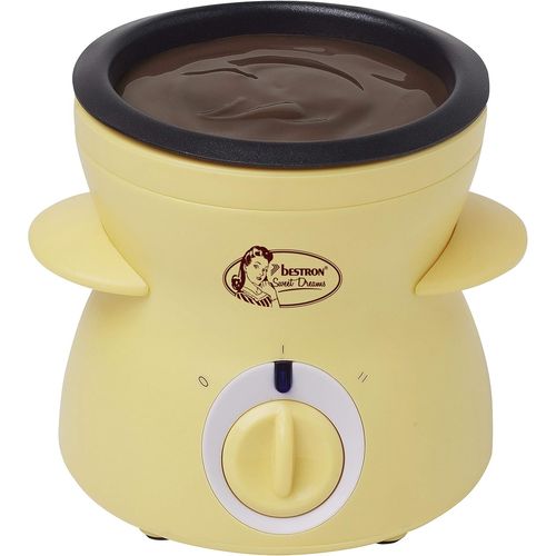 KALANKA-Fondue au chocolat pour 2 personnes, appareil a fondue au chocolat avec y compris 10 brochettes, 10 fourchettes et 1x spatule, mini-fondue, 25 watts, Couleur: Jaune