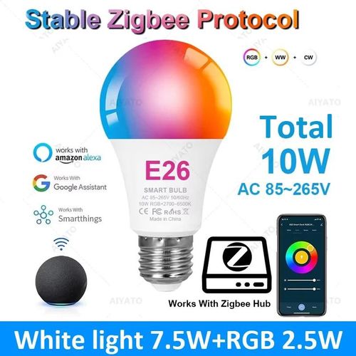Lugh-E26 Base-Ouiampoule Led Intelligente Zigbee 3.0,Lampes À Intensité Variable,Document Inda E26,B22,Rgbcw,2700-6500k,Alexa,Google Home,Smartthings,110v,220v