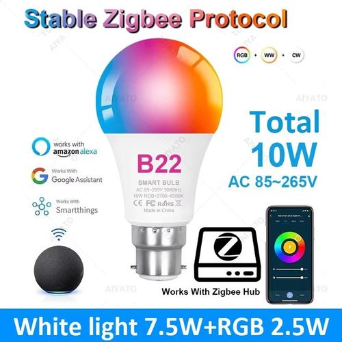Lugh-B22 Base-Ouiampoule Led Intelligente Zigbee 3.0,Lampes À Intensité Variable,Document Inda E26,B22,Rgbcw,2700-6500k,Alexa,Google Home,Smartthings,110v,220v