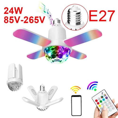 Lugh-24we27 Led Ampoule Ventilateur Lame Quatre Feuilles Lampe De Musique Bluetooth Haut-Parleur Pliable Led Ampoule Plafonnier Avec Télécommande