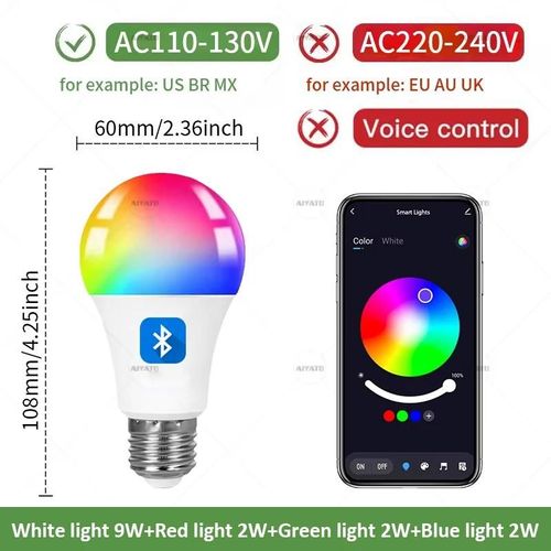 Lugh-Ampoule Intelligente Bluetooth 15w 18w E27 Tuya,110v 220v,Lumière Led Rgbcw,Contrôle Par Application,Synchronisation,Application Smart Life,Réglage Du Rythme Musical