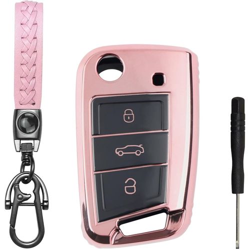 Kalanka-Coque Clé De Voiture 3 Boutons Compatible Avec Vw Golf 7 Vw Polo Mk7 Tiguan Seat Leon Skoda Octavia Fabia Télécommande Housse Coque De Protection Protège Clef De Voiture Avec Porte Clés - Ros