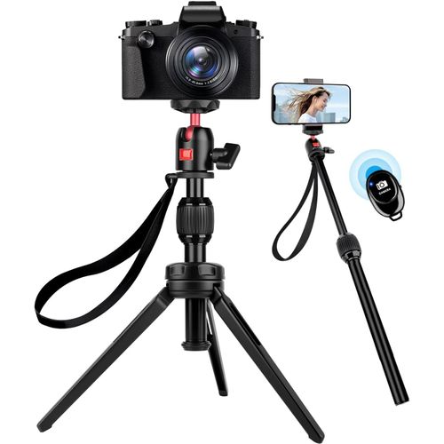 Mini trépied en Aluminium, Trépied de Table Portable avec Rotule Entièrement Pivotante et Télécommande, Trépied Selfie Léger pour Smartphone/Appareil Photo/Projecteur/Webcam