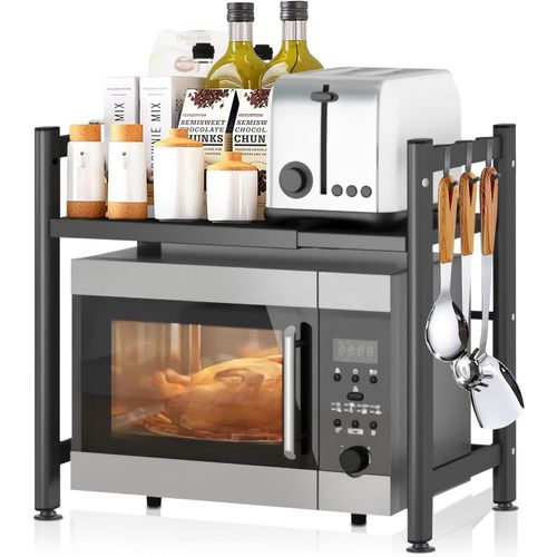 Support de four à micro-ondes,2 Niveaux Support de Four à Micro-Ondes Extensible,Etagere Rangement Cuisine Four à Micro Ondes,avec 6 Crochets,pour Cuisine et Rangemen