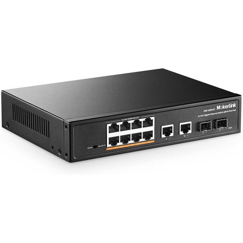 asas-12 Ports Gigabit Poe Switch ,8 Ge Poe+,2 Ge Uplink,2 Gigabit Sfp,120W 802.3Af/At Poe,Commutateur Ethernet Plug-And-Play Sans Ventilateur