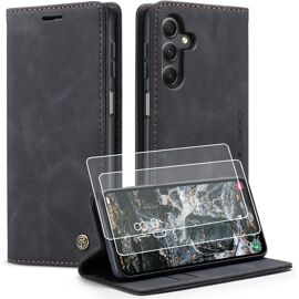 JGD-Coque pour Samsung Galaxy A25 5G Housse en Cuir Premium Pochette Protection avec Rabat Porte Carte Magnétique Fonction Stand Étui pour Samsung Galaxy A25-2 Verre Trempés (Noir)