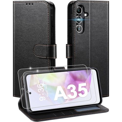 Coque Pour Samsung Galaxy A35 Avec Verre Trempé, Étui Cuir Pu Magnétique, Housse De Fonction Stand Video Porte Carte Credit À Rabat Pour Samsung A35 5G/4G - Noir