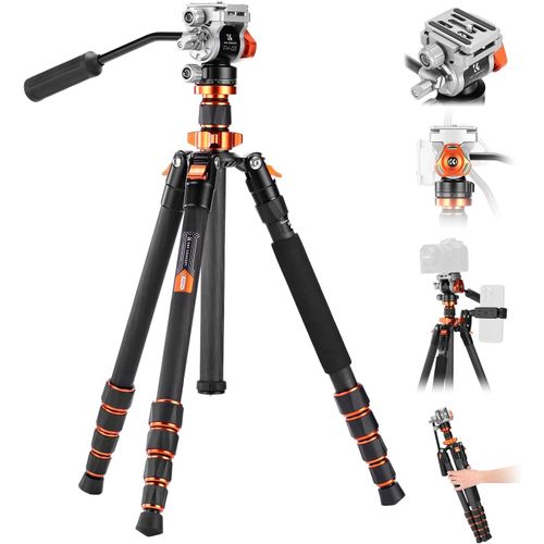 SUBZONAL-Trépied Appareil Photo en Fibre de Carbone 173cm, Trépied Vidéo avec Tête Fluide Inclinaison à 90°/-90°, Trepied Monopode 182cm, Compatible Arca Swiss pour Reflex DSLR Charge:5kg