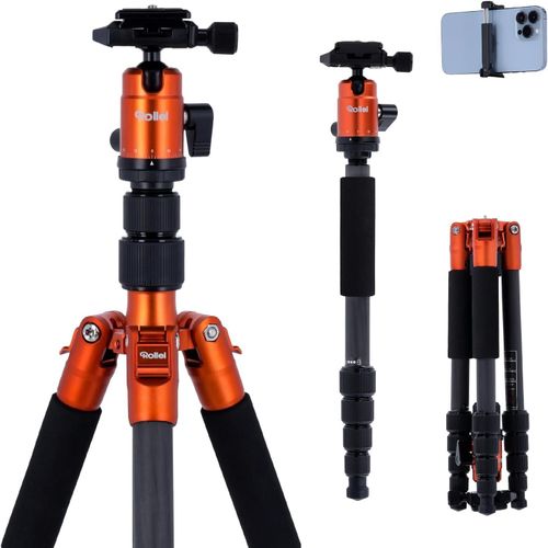 SUBZONAL-Rollei Trepied Appareil Photo Voyage, Rollei Compact Traveler No.1 Carbone Orange 145cm avec Téléphone Support Trépied Portable pour Nikon Sony Canon DSLR, Trepied-Appareil-Photo-Voyage-Trip
