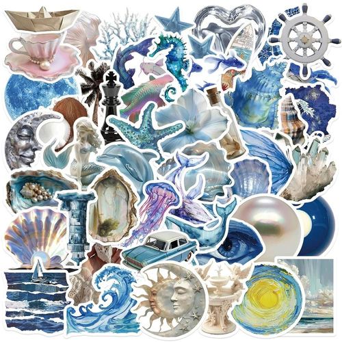 10/25/50pcs Esthétique Mélange Bleu Océan Mer Monde Autocollants Pour Bricolage Ordinateur Portable Téléphone Valise Enfants Jouet Autocollants Casque--10pcs Random