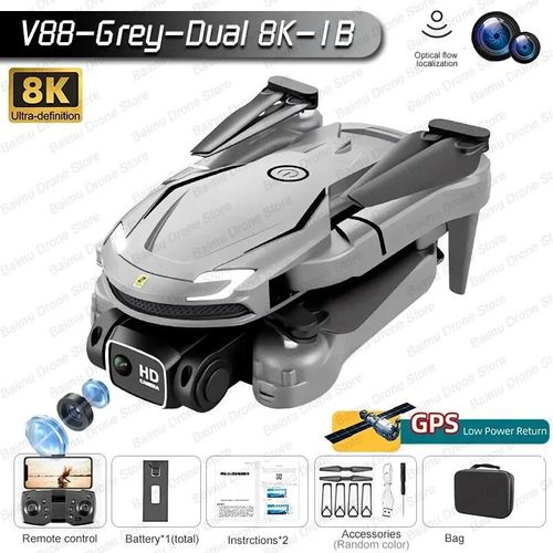 Ore-Nouveau Drone Sans Balais V888 8k,Triple Caméra Hd Professionnelle,Évitement D'obstacles,Sans Gps,Positionnement Du Flux Optique,Jouets Quadrirotor Rc-V88 Gray Dualc 1b--Générique