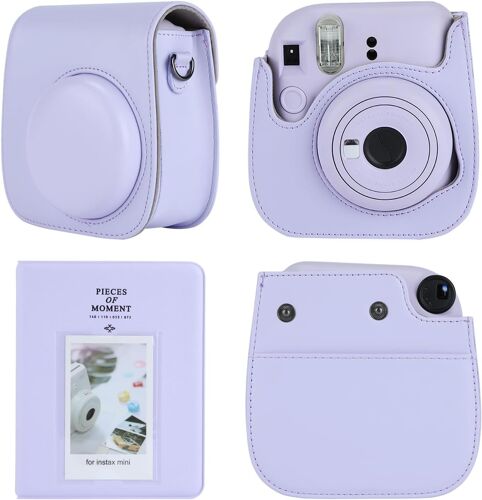 Étui pour appareil photo compatible avec Fujifilm Instax Mini 12,Sac de transport en cuir PU avec 64 poches,Album photo 2 x 7 pouces inclus,Violet,Sac à l'épaule