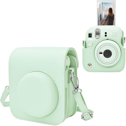 Fuji Mini 12 Housse de Protection pour Fuji Instax Mini 12 Instantanée Appareil Photo-en Cuir PU Sac avec Bandoulière Réglable-Vert