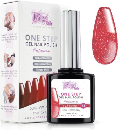 Vernis Semi Permanent Uv/Led One Step 12 Ml - Paillettes Corail - Effet Ongles Foncés Mais Très Brillants Avec Ou Sans Base Et Top Coat 