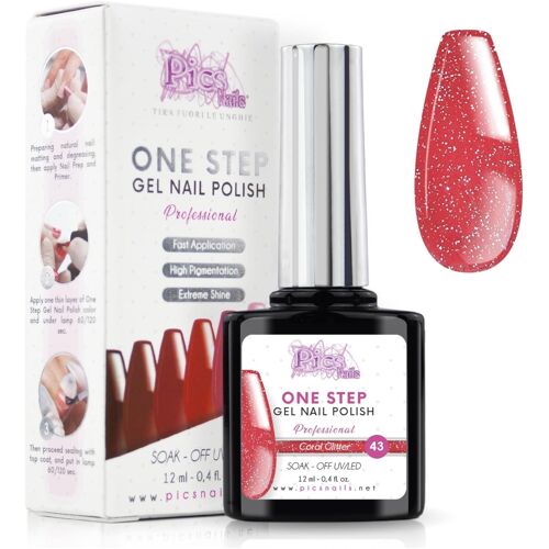 Vernis Semi Permanent Uv/Led One Step 12 Ml - Paillettes Corail - Effet Ongles Foncés Mais Très Brillants Avec Ou Sans Base Et Top Coat 