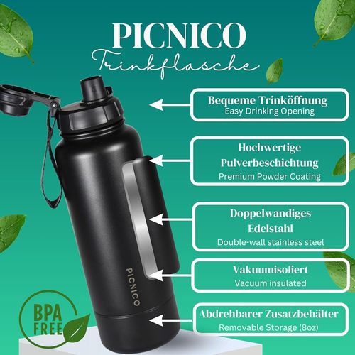Tzf-Gourde En Acier Inoxydable 1 Litre | Anti-Fuite Et Sans Bpa | Sport De Plein Air Et Fitness | Espace De Rangement Rotatif | 32oz + 8oz | Bouteille Isotherme 1000 Ml | Gobelet Isotherme | 24 H