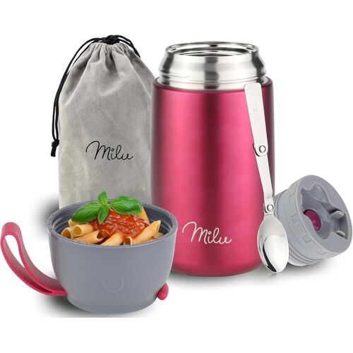 Boîtes Alimentaires Isothermes 450ml I 650ml I 800ml, Boîte Isotherme Repas Chaud Porte-Aliments En Acier Inoxydable À Double Couche, Cuillère Pliante Pour Ecole, Bureau (650ml/Gris)