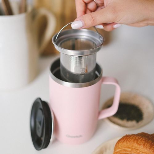 TZF-- Mug Isotherme Inox Recyclé avec Anse & Filtre Infuseur Pastel Rose - Tisanière Isotherme 470ml - Thermos Café & Thé - 6h Chaud & 12h Froid - Bouchon Coulissant Anti-Éclaboussures