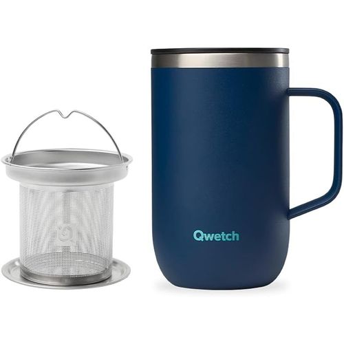 TZF-- Mug Isotherme Inox Recyclé avec Anse & Filtre Infuseur Bleu Nuit - Tisanière Isotherme 470ml - Thermos Café & Thé - 6h Chaud & 12h Froid - Bouchon Coulissant Anti-Éclaboussures