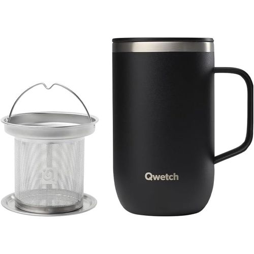 TZF-- Mug Isotherme Inox Recyclé avec Anse & Filtre Infuseur Noir - Tisanière Isotherme 470ml - Thermos Café & Thé - 6h Chaud & 12h Froid - Bouchon Coulissant Anti-Éclaboussures