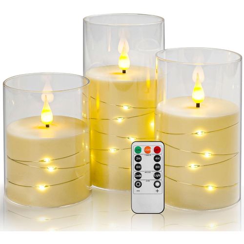 Bougies À Led, Orange, Bougies À Piles, Avec Guirlande Lumineuse Intégrée, 3 Bougies Sans Flamme, Fonction Minuterie De 24 Heures, Flamme Dansante, Cire Véritable