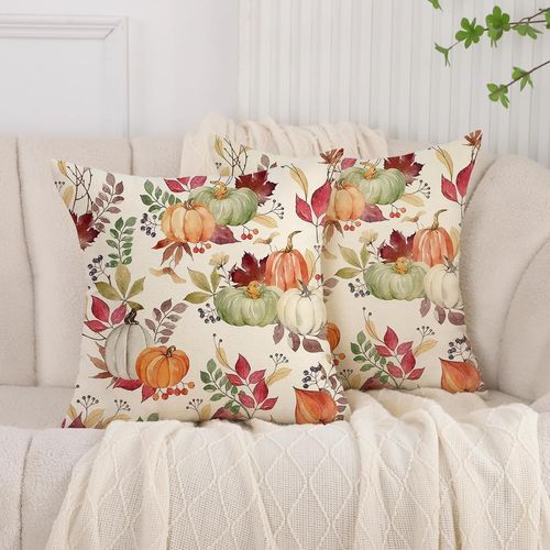 Taie D'oreiller 45x45 Cm Décoration D'automne Feuilles De Citrouille Coussin Décoratif À Carreaux Housse De Coussin De Canapé Câlin Pour Chambre Salon Fauteuil Halloween Thanksgiving Lot De 2