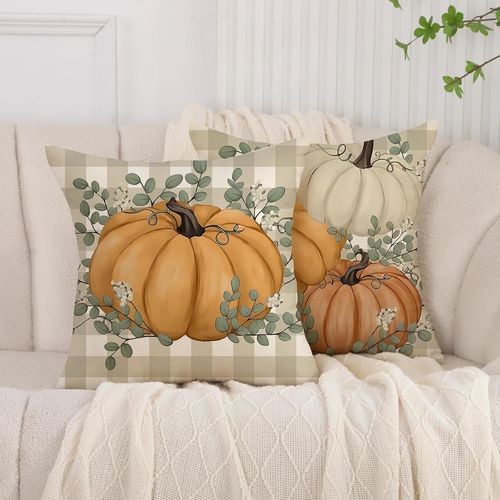 Taie D'oreiller 45x45 Cm Décoration D'automne Feuilles De Citrouille Coussin Décoratif À Carreaux Housse De Coussin De Canapé Câlin Pour Chambre Salon Fauteuil Halloween Thanksgiving Lot De 2
