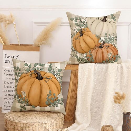Cauc-Taie D'oreiller 40x40 Cm D¿¿Coration D'automne Feuilles De Citrouille Coussin D¿¿Coratif ¿¿ Carreaux Housse De Coussin De Canap¿¿ Calin Pour Chambre Salon Fauteuil Halloween Thanksgiving Lot De