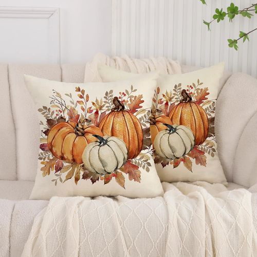 Taie D'oreiller 45x45 Cm Décoration D'automne Feuilles De Citrouille Coussin Décoratif À Carreaux Housse De Coussin De Canapé Câlin Pour Chambre Salon Fauteuil Halloween Thanksgiving Lot De 2