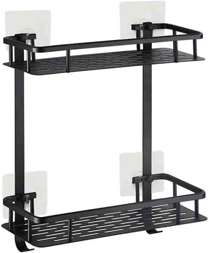 Etagere Douche Aluminium Antirouille Collante Etagere Salle de Bain avec Crochets Suspendu pour Savon (2 niveaux) (Carré Nior)