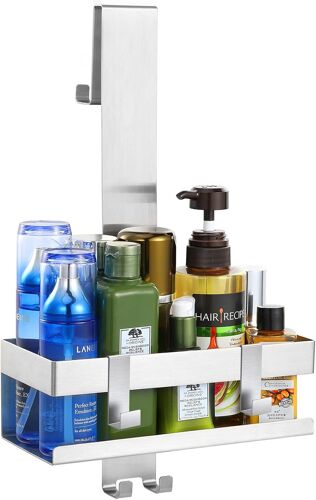 Étagère de Salle de Bain en Acier Inoxydable, Étagère de Douche sans Perçage Suspendue avec Crochets + Ventouses pour Porte de Douche, Organisateur de Rangement pour Salle de Bain - Argent