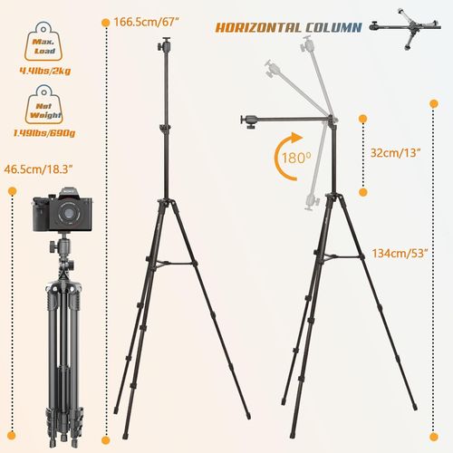 167cm Trépied Horizontal de Smartphone avec Rotule Réglable et Bras Allongé à 360° pour Appareil Photo/iPhone/Webcam, Télécommande sans Fil/Clip de Montage/Sac de Transport pour Enregistrement