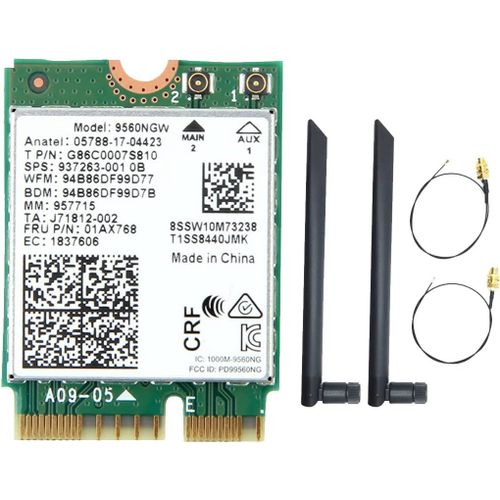 Carte WiFi 9560NGW + 2XAntenne 1730Mbps AC sans 9560 2.4G+5G BT 5.0 Adaptateur 802.11Ac M.2 CNVI 9560NGW Adaptateur Carte WiFi