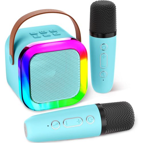 GUYH-Mini Machine De Karaoké Pour Enfants Et Adultes,Mini Machine De Karaoké Avec 2 Microphones Sans Fil,Cadeaux D'Anniversaire Pour Filles Âgés De 6,7,8,9,10,12 Ans,Blue