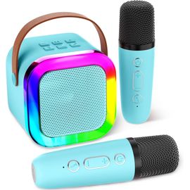 GUYH-Mini Machine De Karaoké Pour Enfants Et Adultes,Mini Machine De Karaoké Avec 2 Microphones Sans Fil,Cadeaux D'Anniversaire Pour Filles Âgés De 6,7,8,9,10,12 Ans,Blue