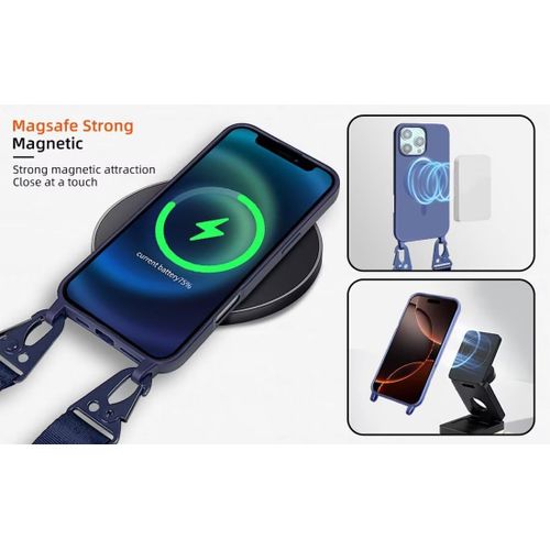 Trahoo-Magnétique Coque Avec Collier Compatible Avec Iphone 14 Pro,Tour De Cou Lanière En Corde Pendentif Housse,Bleu