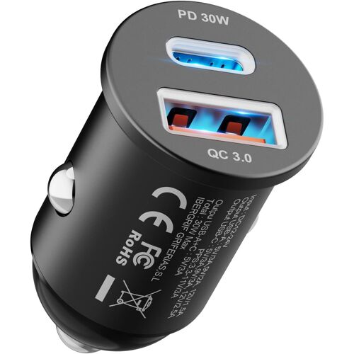 MEVRONISSHOP-Chargeur Allume Cigare USB C 30W, Chargeur Voiture Rapide Double Port avec USB-C PD 30W et USB-A QC 3.0 18W, Prise Allume Cigare 12V pour iPhone 16 15 14, Samsung, iPad¿Boîtier en Alumin