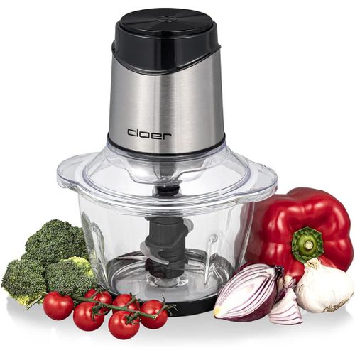 SUBZONAL-Cloer 6829 Hachoir électrique universel, 6 lames en acier inoxydable, Pour fruits, légumes, noix, viande, 400 W, Fonction pulsation à une main, Bol en verre de 1200 ml, Verre/acier inoxydabl