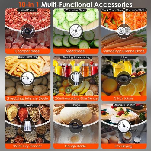 SUBZONAL-1000W Robot de Cuisine Polyvalent, 10 en 1 Robot Culinaire, Blender, Broyeur, Coupeur, Râpeur, Batteur, Presse-agrumes, Hachoir à Viande, Capacité de 3L, 6 Fonctions Prédéfinies, Rouge