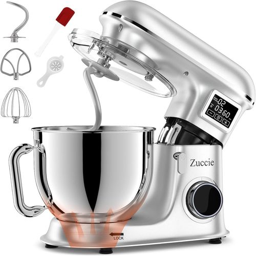 KALTD-Robot Pâtissier 1500W 8L Robot Patissier Multifonctions Écran Lcd+Fonction De Fermentation Robot Petrin Avec Fouet,Batteur,Crochet Et Pare-Éclaboussures,6 Vitesses (Argent)