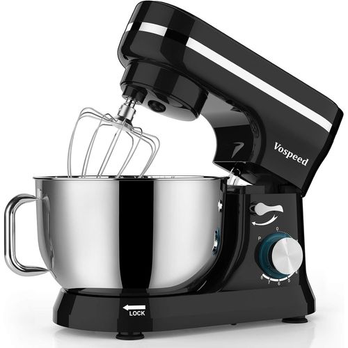 Robot Pâtissier Multifonctions, Robot De Cuisine 1000W 5Qt Avec Fouet, Crochet Pétrisseur, Fouet À Gâteau, Bol En Acier Inoxydable, Pare-Éclaboussures (Noir)