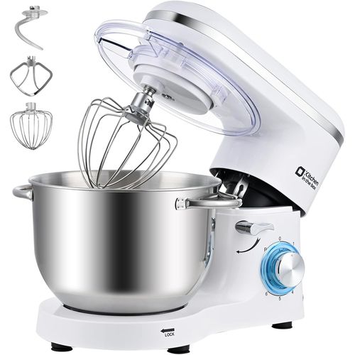Robot Pâtissier 1400W, Bol 6,2L En Acier Inoxydable, 6 Vitesses, Fouet, Crochet Et Batteur Inclus, Idéal Pour Pâtisserie Et Boulangerie (Blanc)