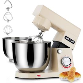 Robot Patissier ,1500 W Robot Pâtissier,Avec Bol En Acier Inoxydable De 4,5 Et 5,5L,10+P Vitesse,Avec Crochet Mélangeur,Crochet Pétrisseur,Fouet Et Protection Anti-Eclaboussures (Blanc Laiteux¿