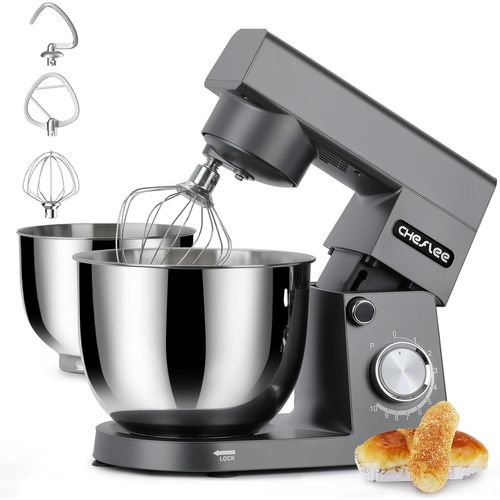Robot Patissier ,1500 W Robot Pâtissier,Avec,Bol En Acier Inoxydable De 4,5 Et 5,5 L,10+P Vitesse,Avec Crochet Mélangeur, Crochet Pétrisseur,Fouet Et Protection Anti-Eclaboussures (Gris¿
