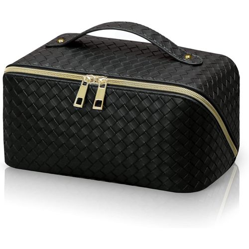 Trousse de Maquillage,Voyage Grande Capacité Trousse à Maquillage,avec Poignée et Séparateur,PU étanche pour Femmes Trousse de Rangement Toilette Organisateur Multifonction en Cuir (Noir)