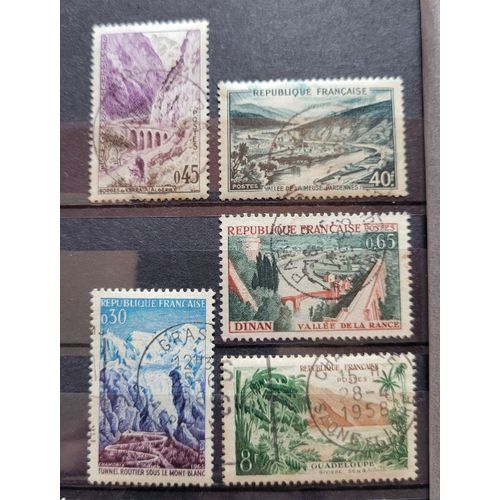 Lot 5 Timbres Oblitérés France - Emis Entre 1949 Et 1965 - Nature : Vallée De La Meuse, Rivière De Sens En Guadeloupe, Tunnel Du Mont-Blanc, Gorges De Kerrata, Vallée De La Rance
